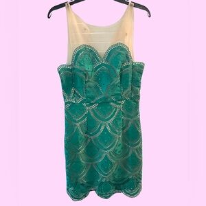 green and mesh mini dress